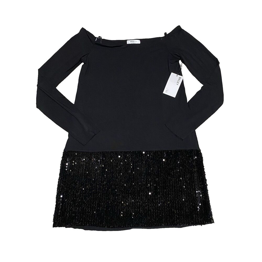 Bailey 44 Off the Shoulder Sequin Mini Dress Womens L Black Lined Party Stretch
